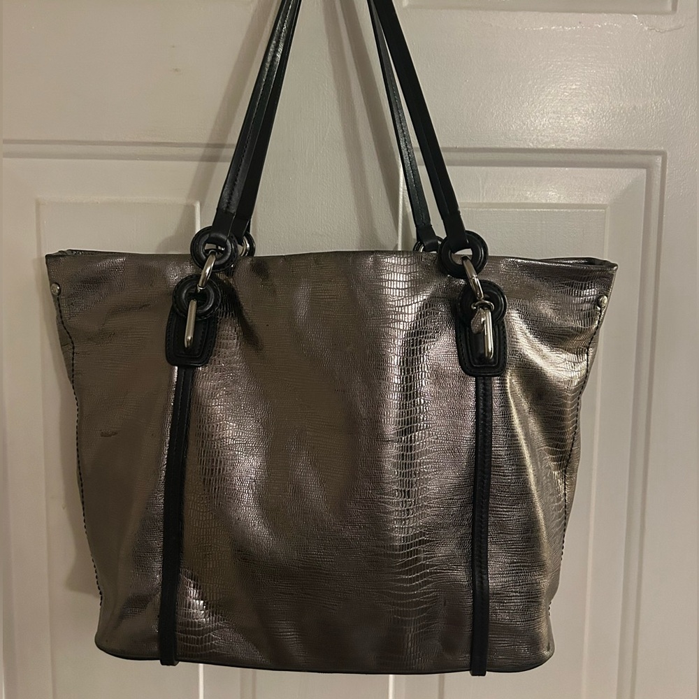 Tumi Traveler Glossy Faux Snakeskin Texture Grey Zip Tote with Leather Trim